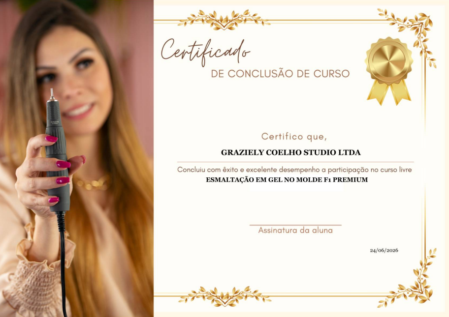 Certificado de conclusão do curso Esmaltação em Gel no Molde F1 Premium