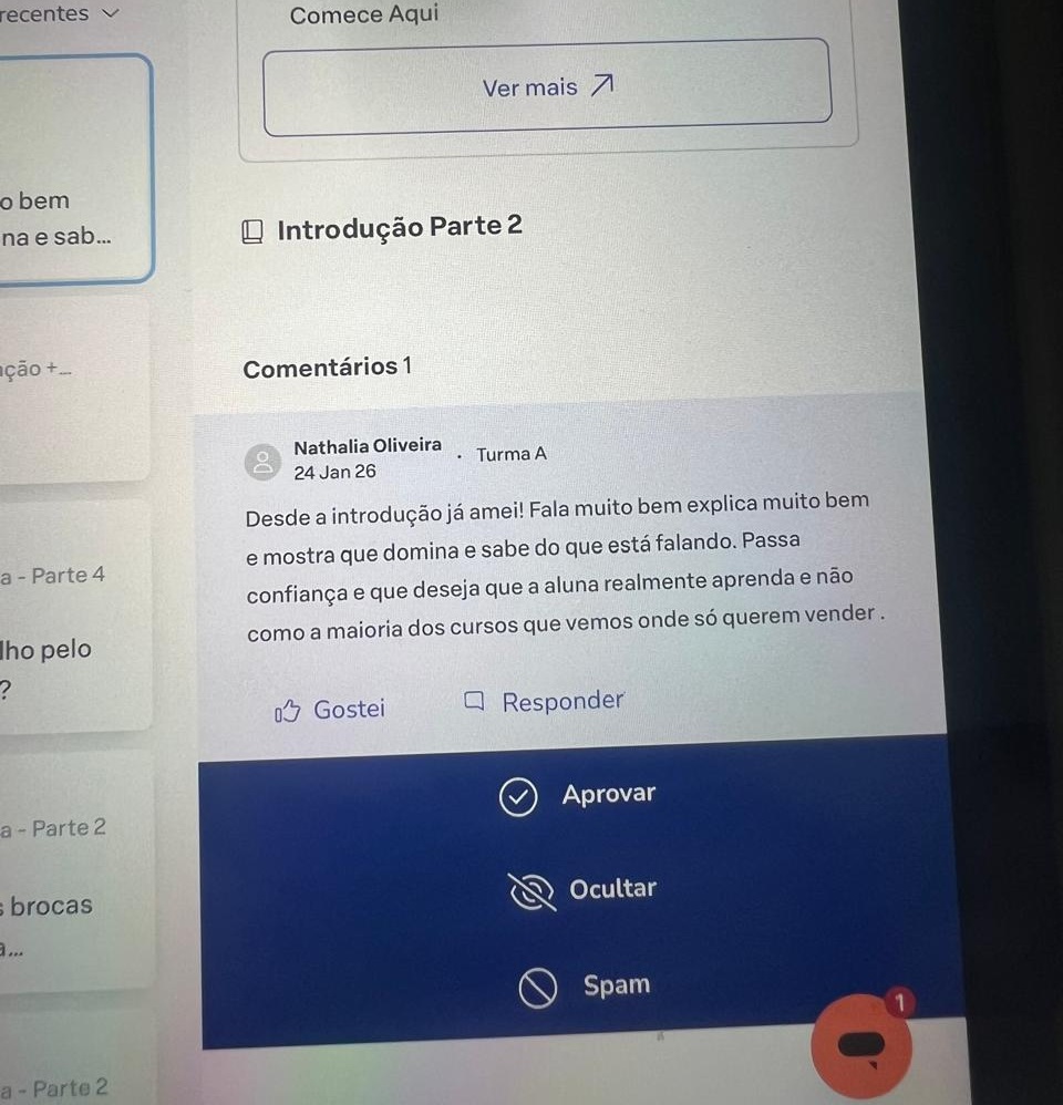 Comentário de aluna na plataforma do curso